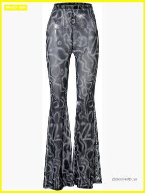 High Waist Mesh Sheer Pants Flared Bell Bottom Rave Festival Dance Clubwear